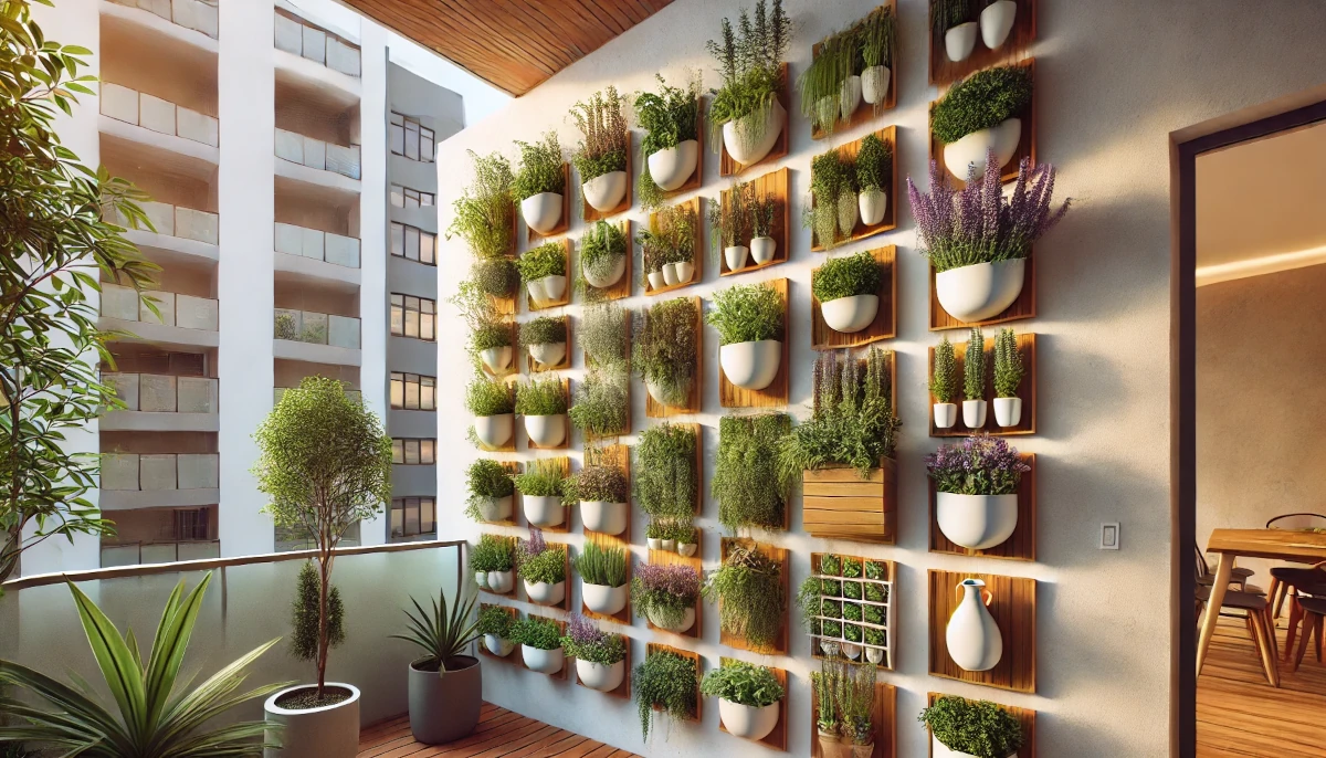 Horta vertical urbana com vasos suspensos e plantas variadas, incluindo temperos e ervas, instalada em uma parede residencial com iluminação natural.